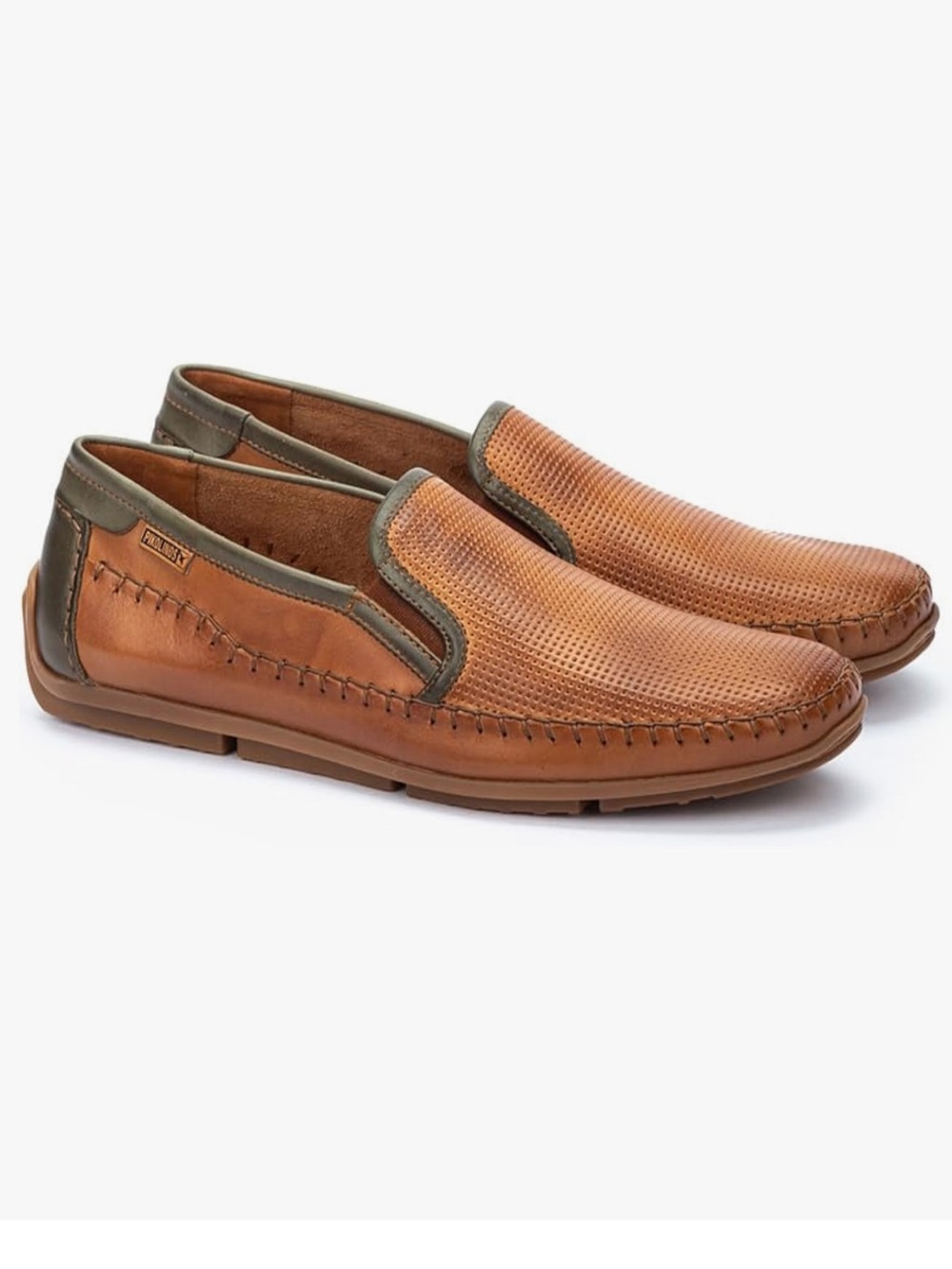 PIKOLINOS Conil Men’s Cognac Leather Slip-On Loafers with Olive Trim 40